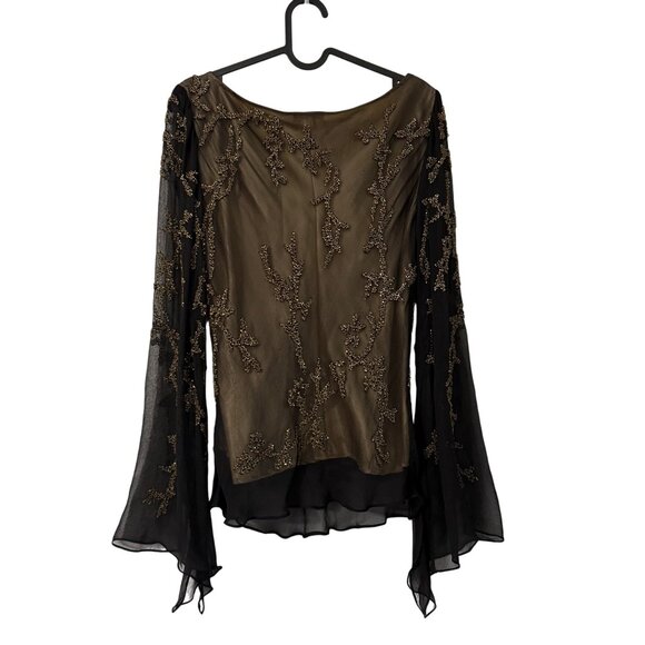 **NFS. VTG Cache Black Gold Silk Beaded Y2K Whimsical Cowl Neck Blouse Medium - Picture 5 of 6